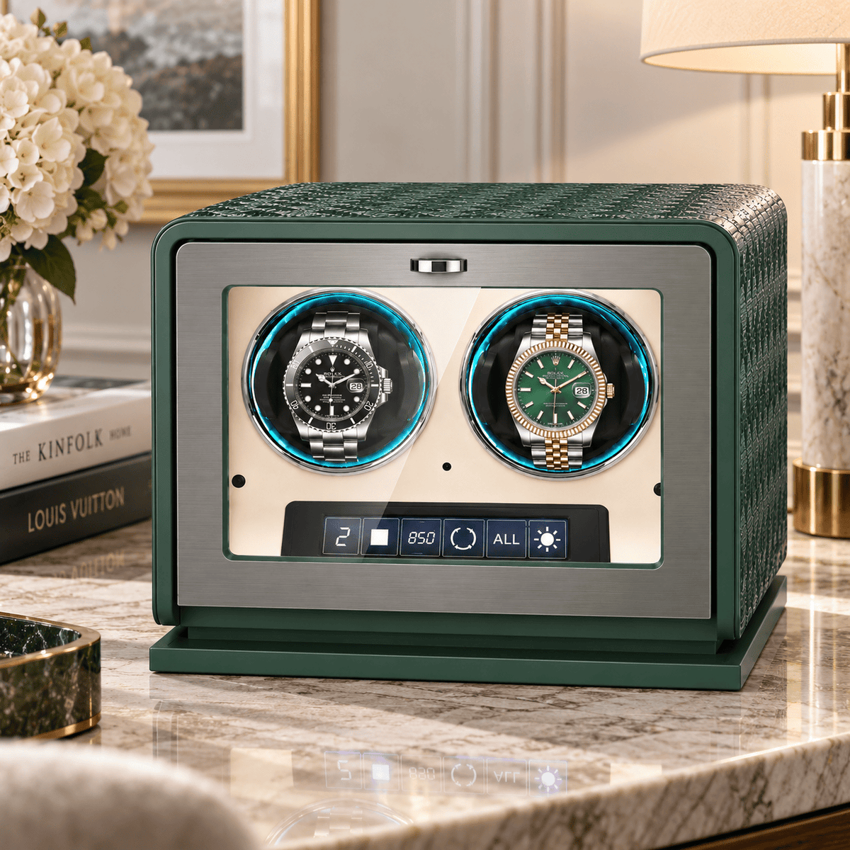 The Time Foundry 2 Slot Watch Winder for Automatic Watches, Green Leather, 12-Point Motor