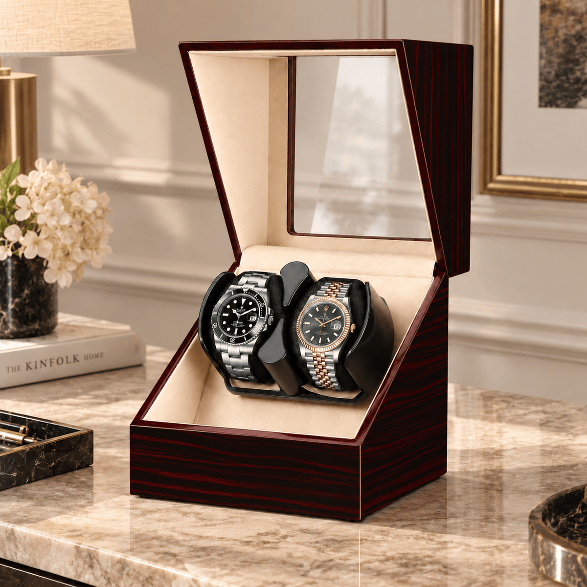 The Time Foundry 2 Slot Watch Winder for Automatic Watches, Ebony, Bidirectional Rotation