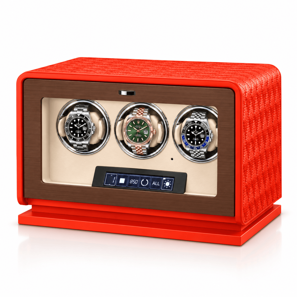 The Time Foundry 3 Slot Watch Winder for Automatic Watches, Orange Leather, 12-Point Motor