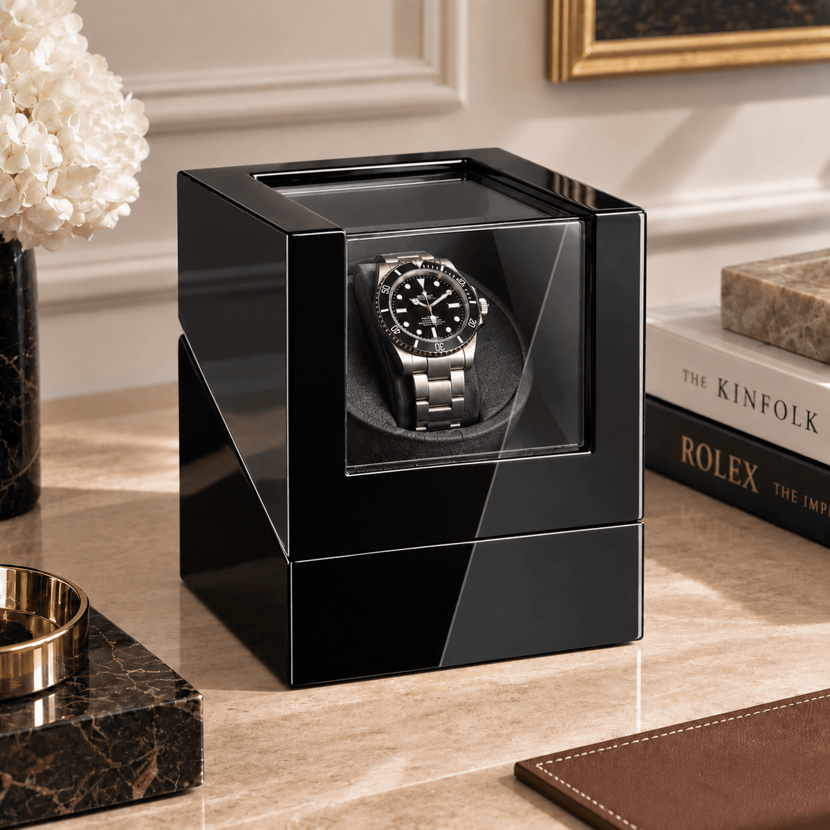 The Time Foundry 1 Slot Watch Winder for Automatic Watches, Piano Black, Japan Motor