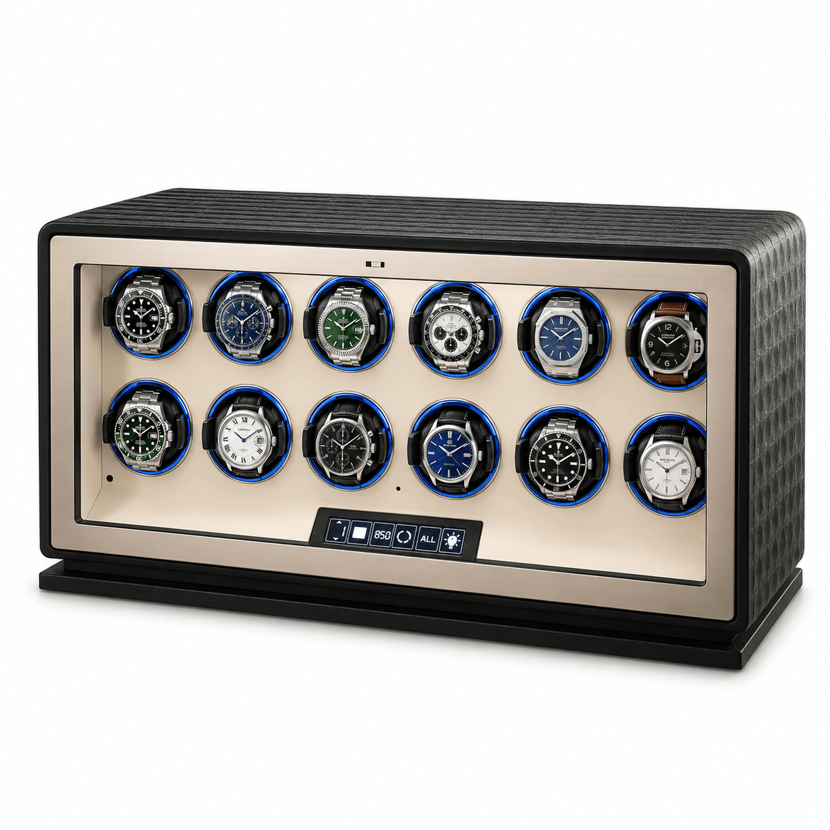 The Time Foundry 12 Slot Watch Winder for Automatic Watches, Dark Green, 12-Point Motor