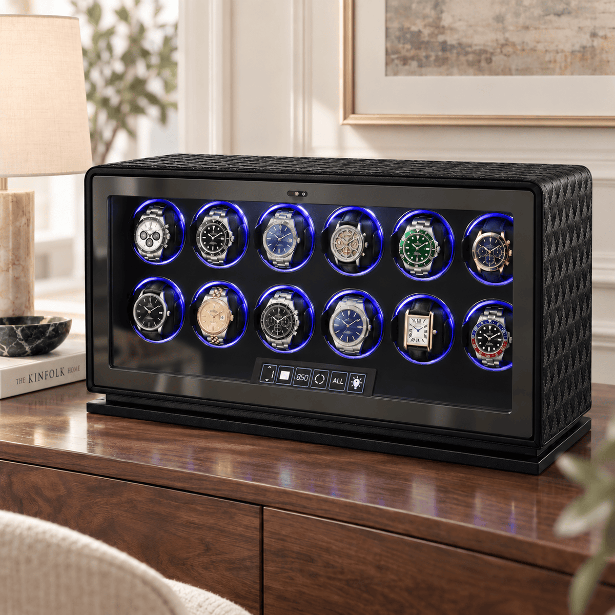 The Time Foundry 12 Slot Watch Winder for Automatic Watches, Dark Green, 12-Point Motor