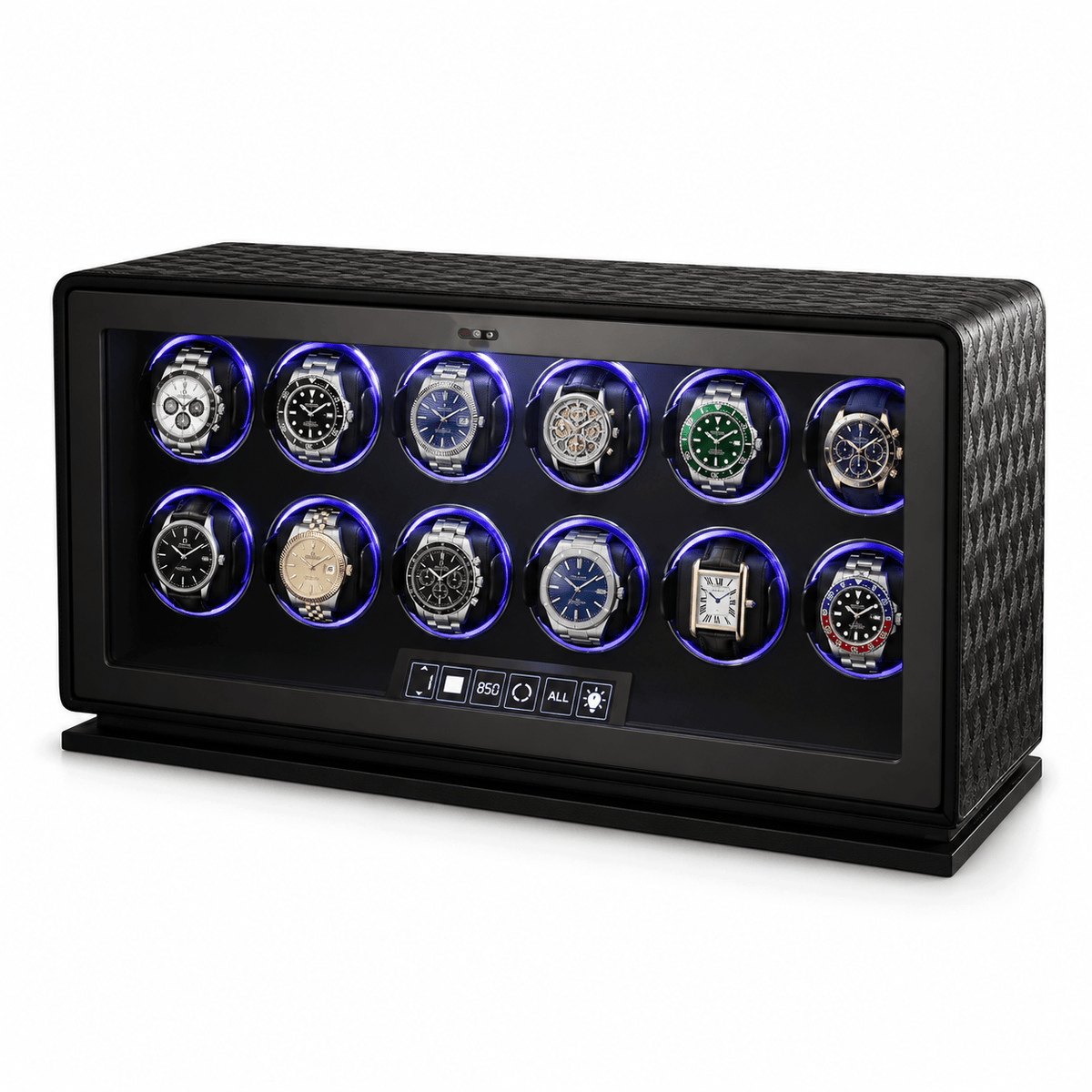 The Time Foundry 12 Slot Watch Winder for Automatic Watches, Dark Green, 12-Point Motor