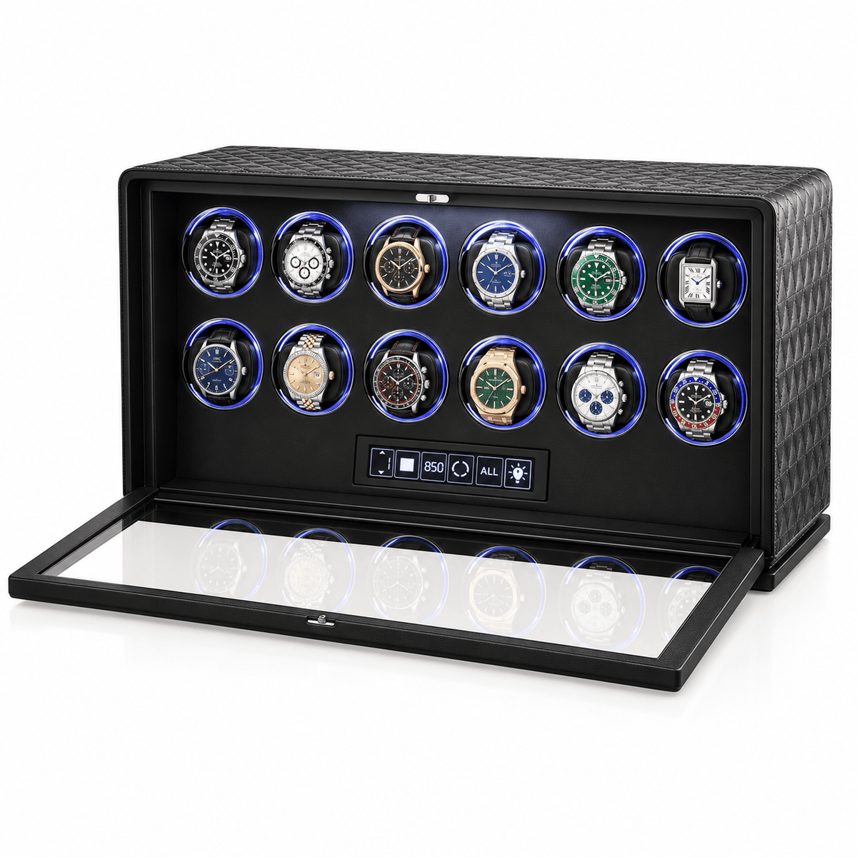 The Time Foundry 12 Slot Watch Winder for Automatic Watches, Dark Green, 12-Point Motor