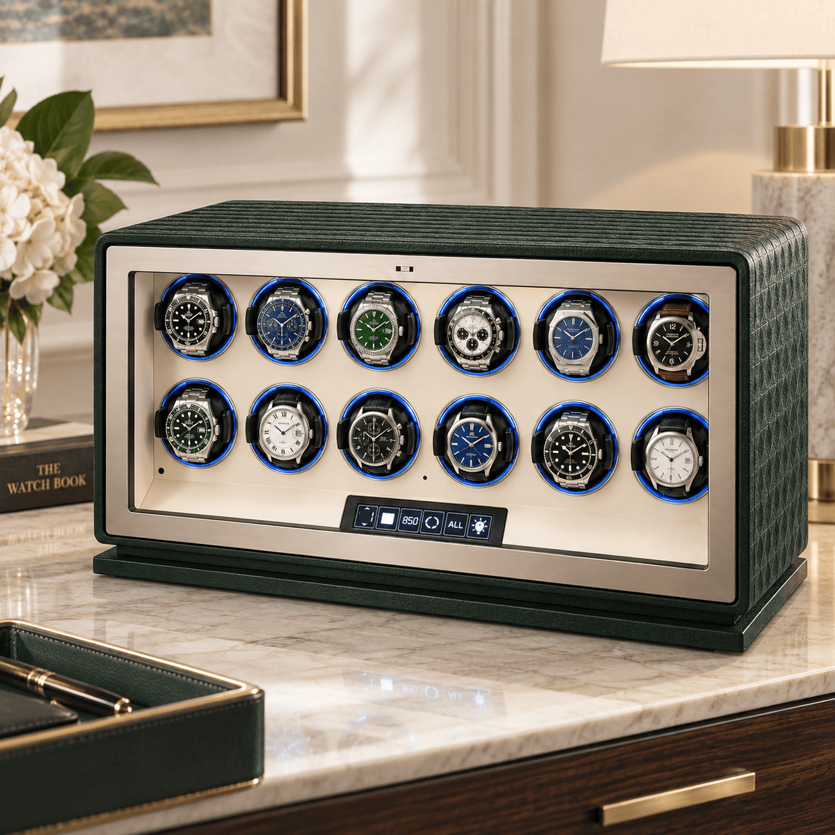 The Time Foundry 12 Slot Watch Winder for Automatic Watches, Dark Green, 12-Point Motor