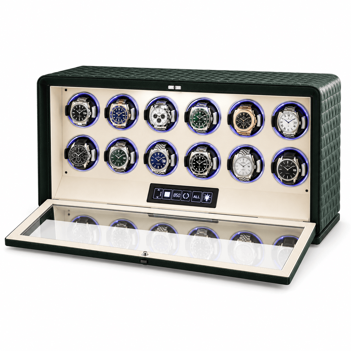 The Time Foundry 12 Slot Watch Winder for Automatic Watches, Dark Green, 12-Point Motor