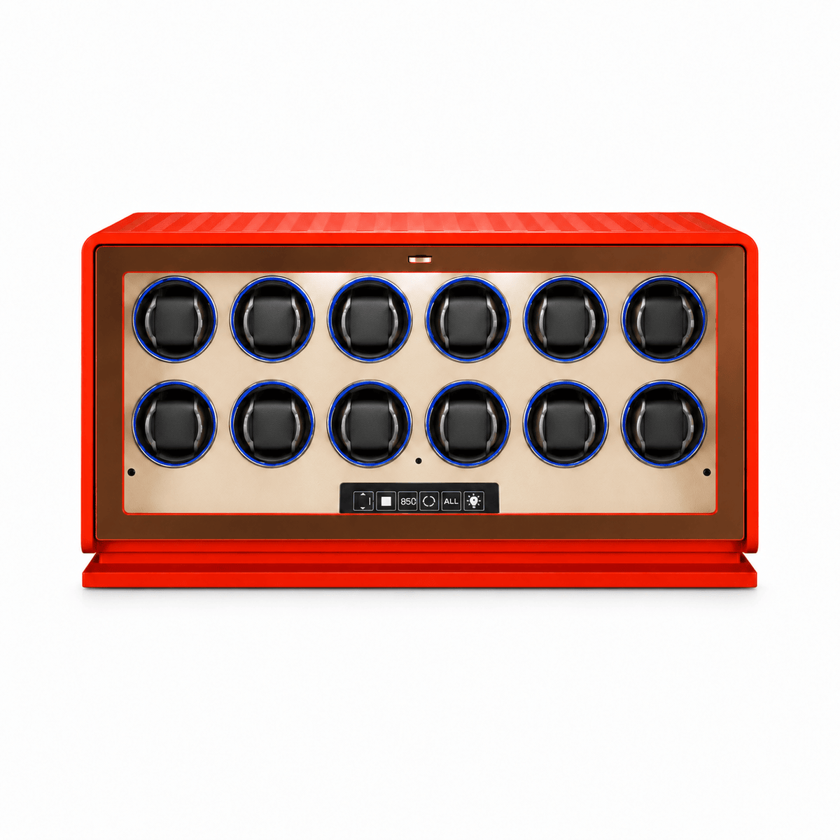 The Time Foundry 12 Slot Watch Winder for Automatic Watches, Orange Leather, 12-Point Motor