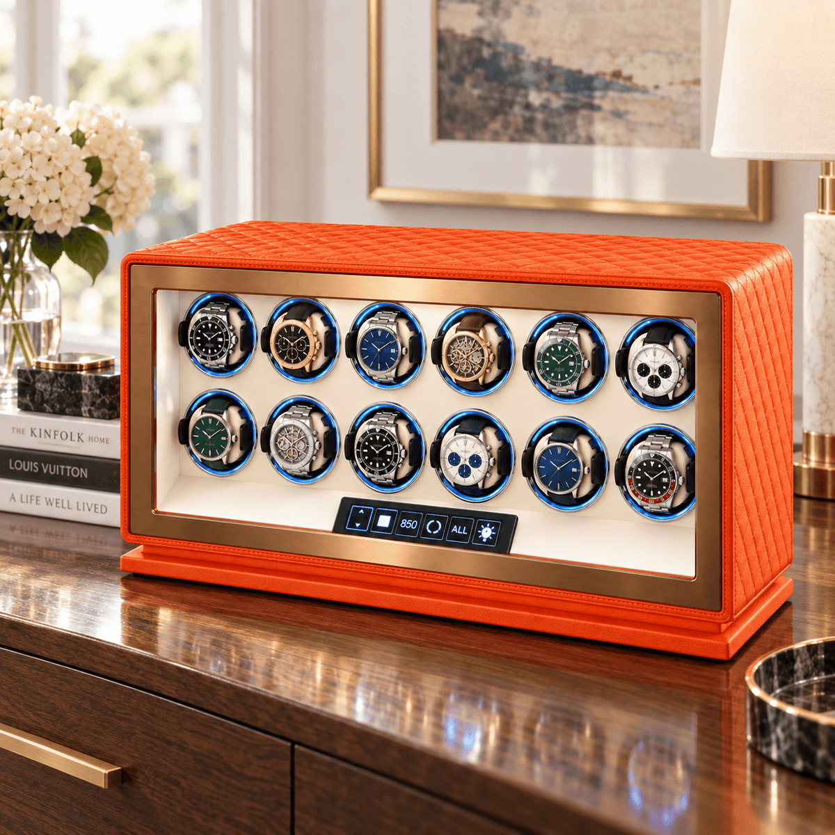 The Time Foundry 12 Slot Watch Winder for Automatic Watches, Orange Leather, 12-Point Motor