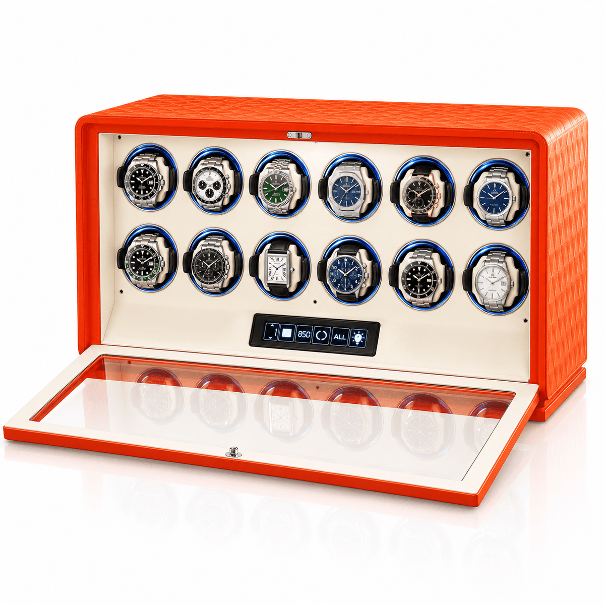 The Time Foundry 12 Slot Watch Winder for Automatic Watches, Orange Leather, 12-Point Motor Image