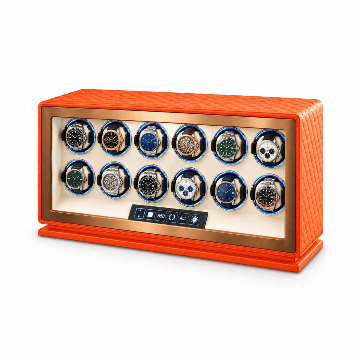 The Time Foundry 12 Slot Watch Winder for Automatic Watches, Orange Leather, 12-Point Motor