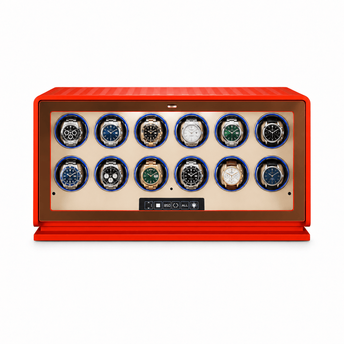 The Time Foundry 12 Slot Watch Winder for Automatic Watches, Orange Leather, 12-Point Motor