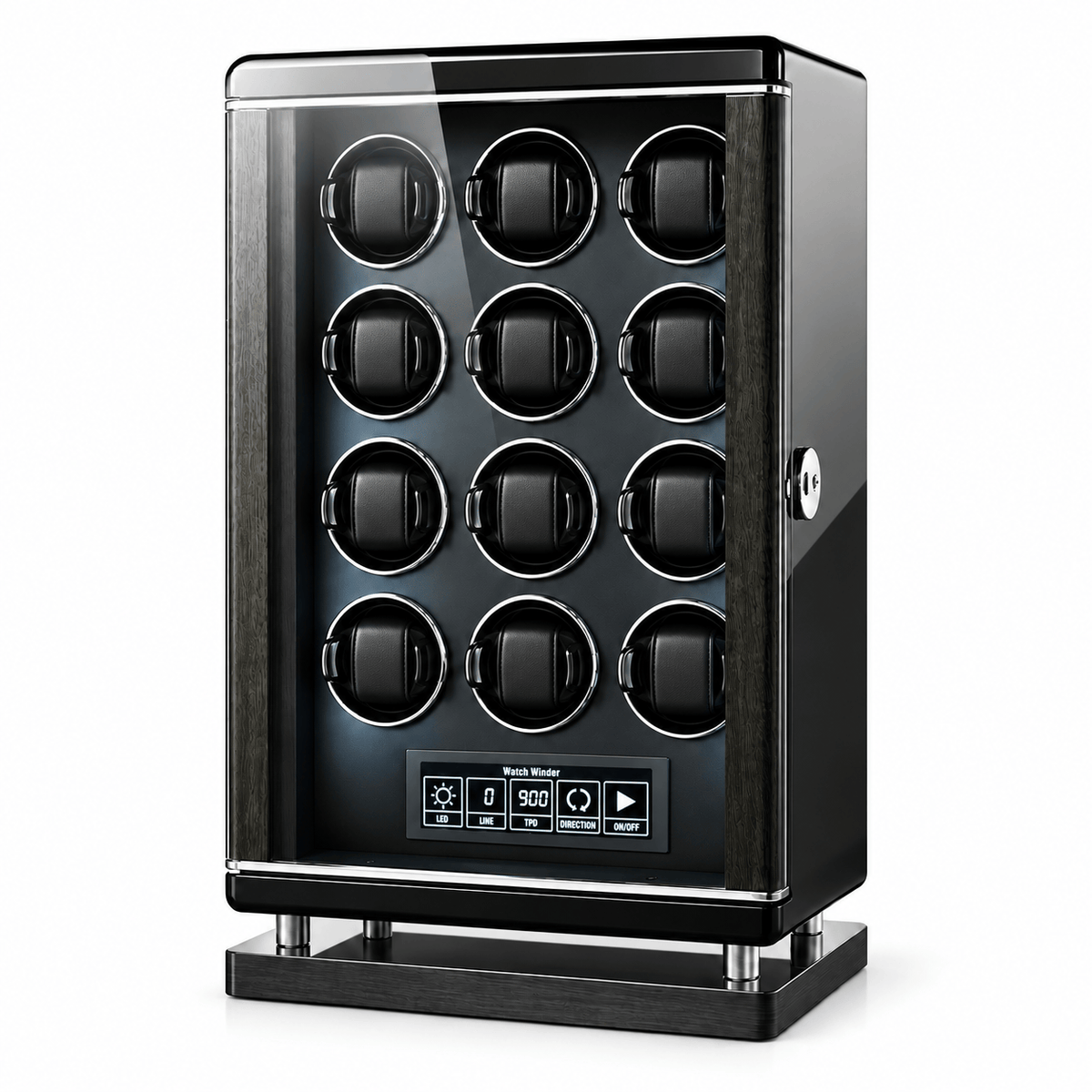 The Time Foundry 12 Slot Watch Winder for Automatic Watches, Piano Black, Japanese Motor