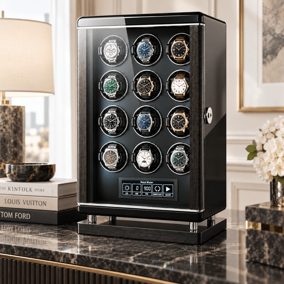 The Time Foundry 12 Slot Watch Winder for Automatic Watches, Piano Black, Japanese Motor