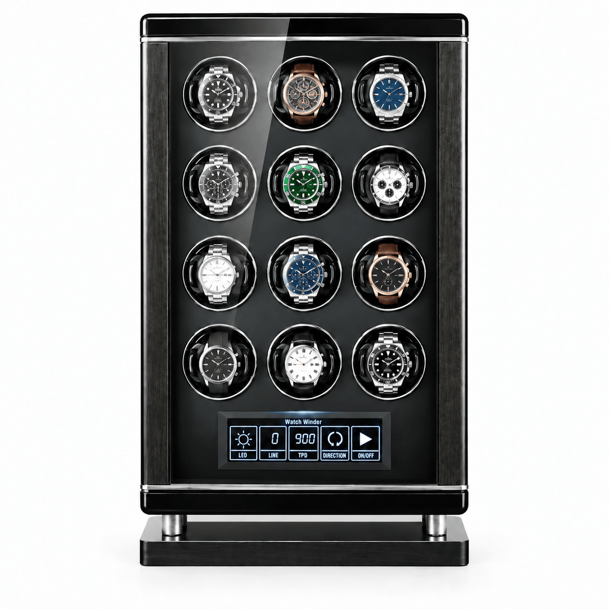 The Time Foundry 12 Slot Watch Winder for Automatic Watches, Piano Black, Japanese Motor