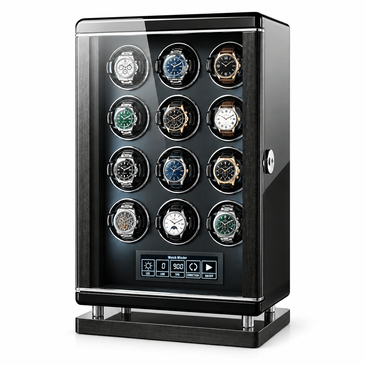 The Time Foundry 12 Slot Watch Winder for Automatic Watches, Piano Black, Japanese Motor Image