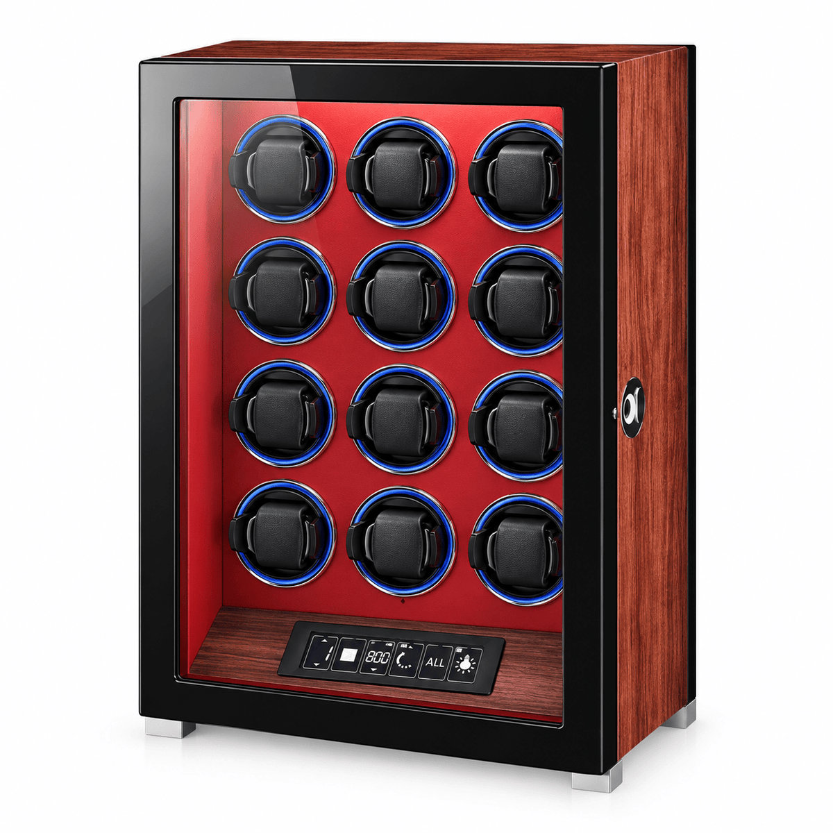 The Time Foundry 12 Slot Watch Winder for Automatic Watches, Red Accent, 12-Point Motor