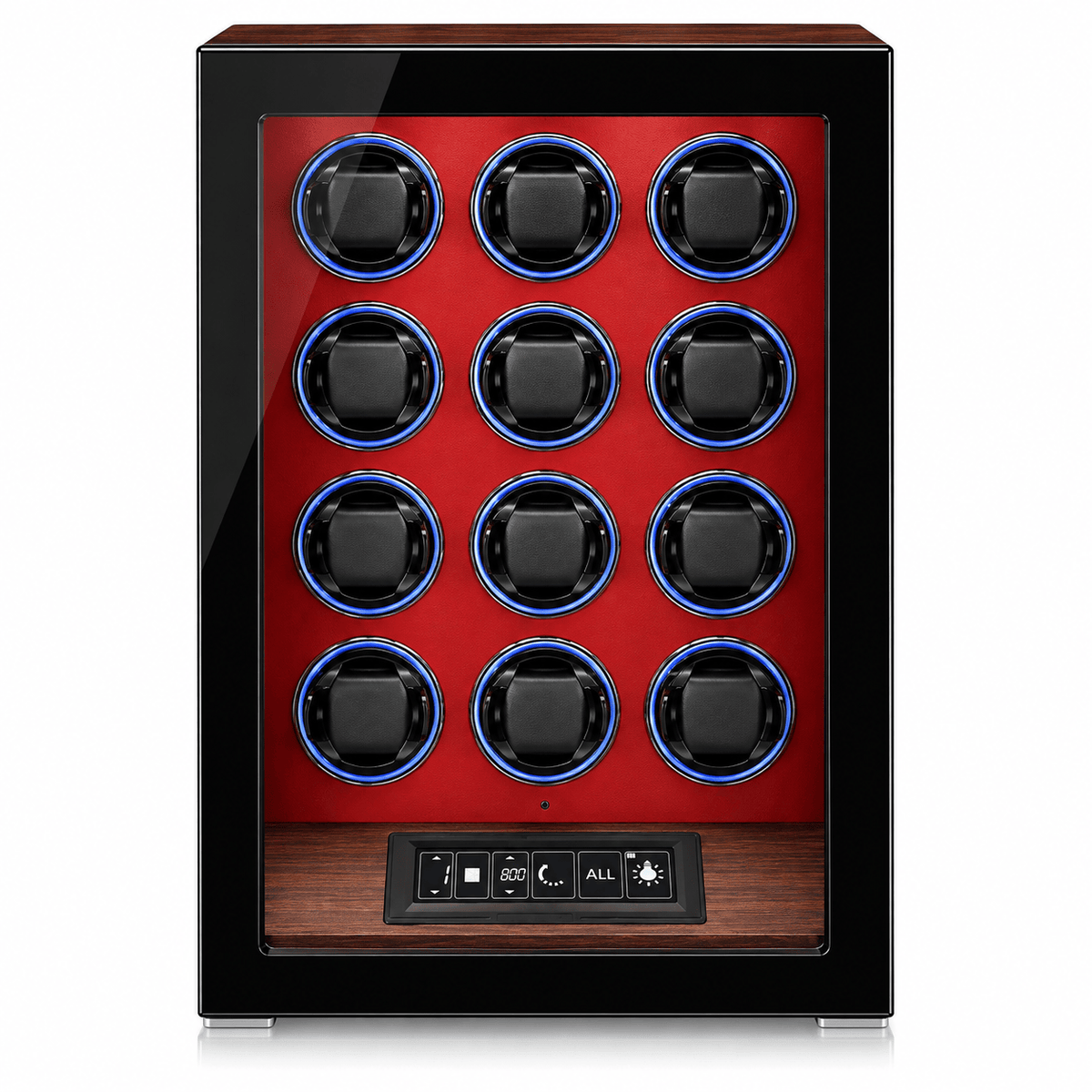 The Time Foundry 12 Slot Watch Winder for Automatic Watches, Red Accent, 12-Point Motor