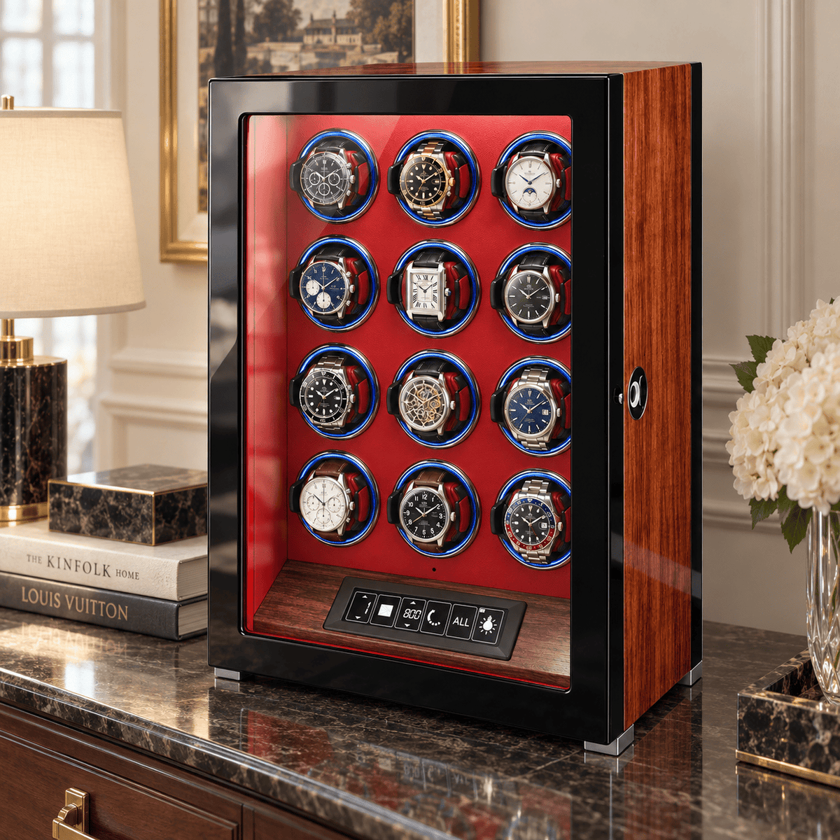 The Time Foundry 12 Slot Watch Winder for Automatic Watches, Red Accent, 12-Point Motor