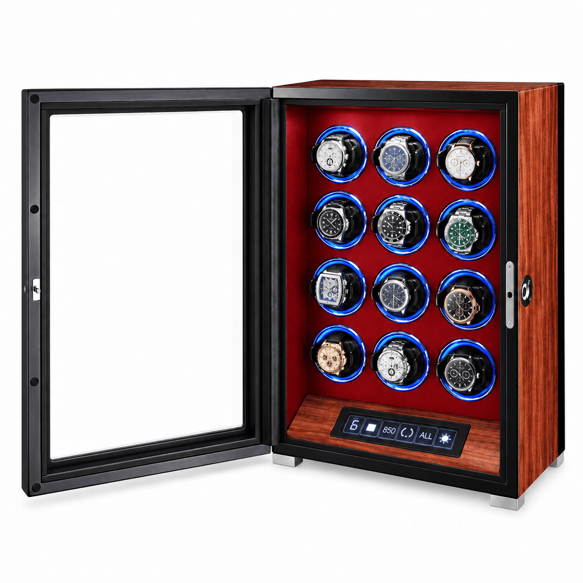 The Time Foundry 12 Slot Watch Winder for Automatic Watches, Red Accent, 12-Point Motor