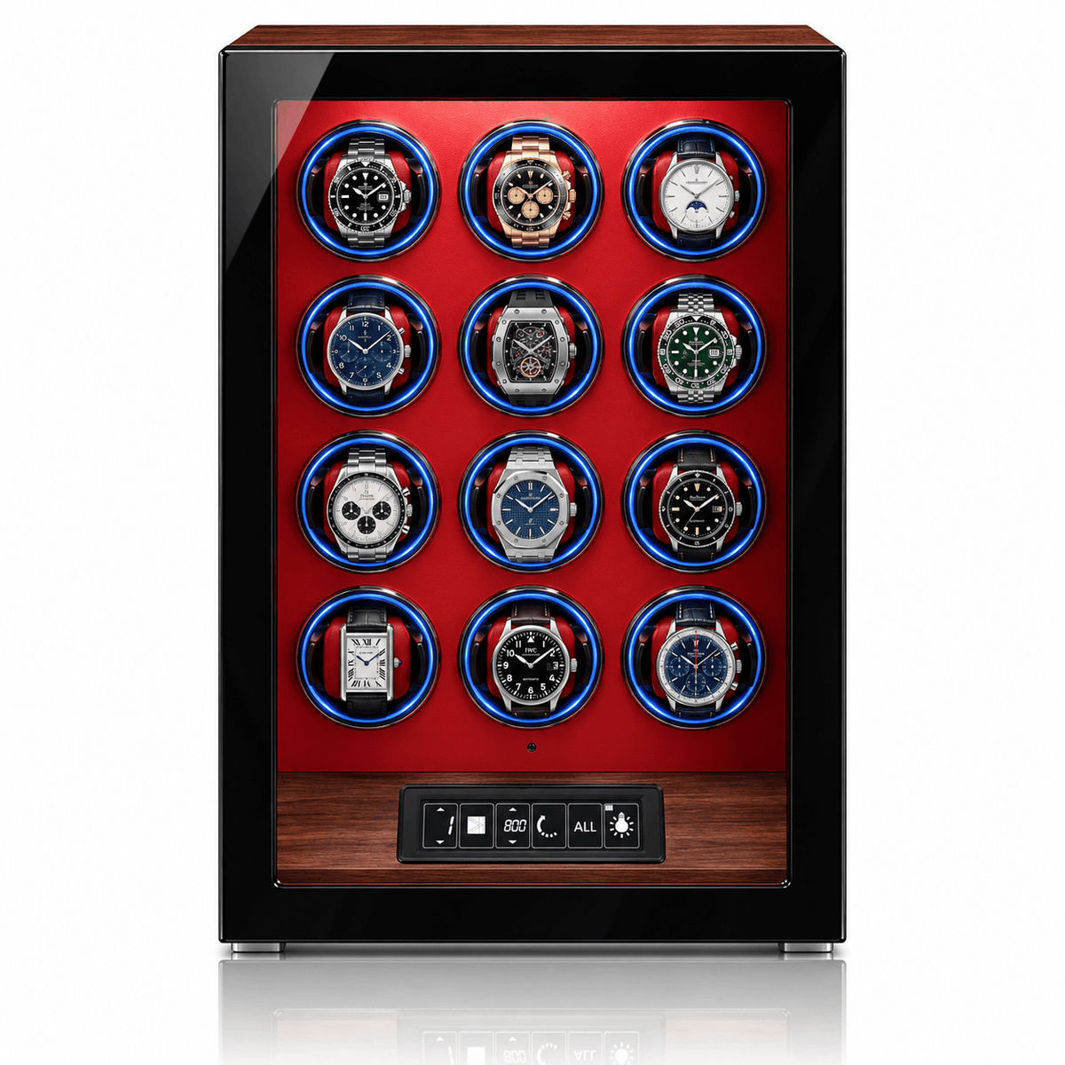 The Time Foundry 12 Slot Watch Winder for Automatic Watches, Red Accent, 12-Point Motor
