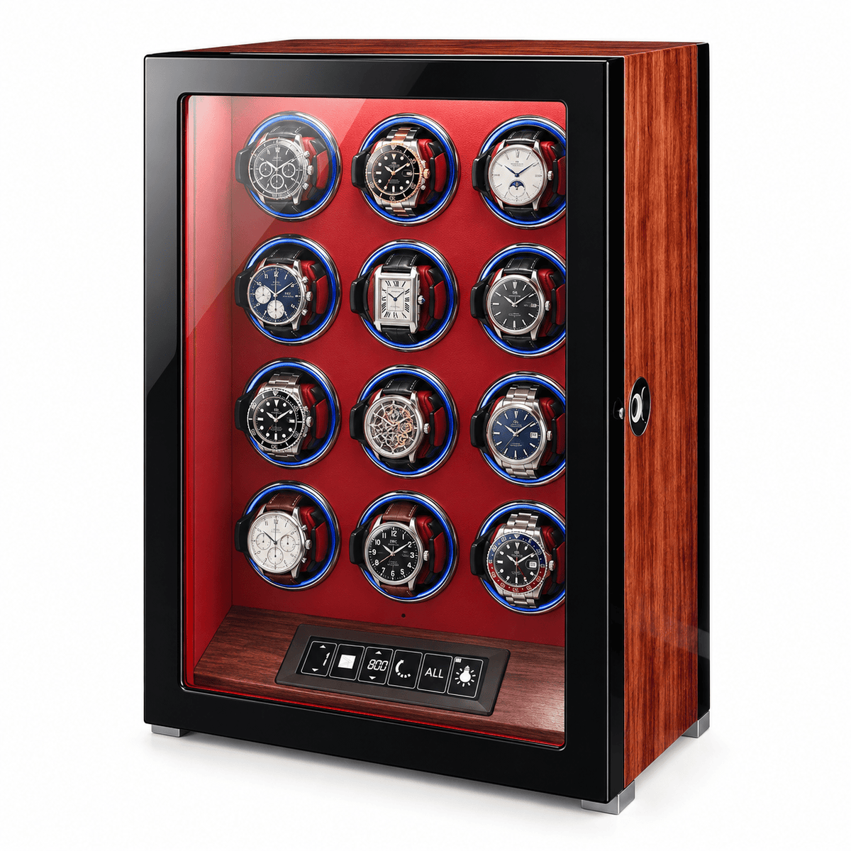 The Time Foundry 12 Slot Watch Winder for Automatic Watches, Red Accent, 12-Point Motor Image