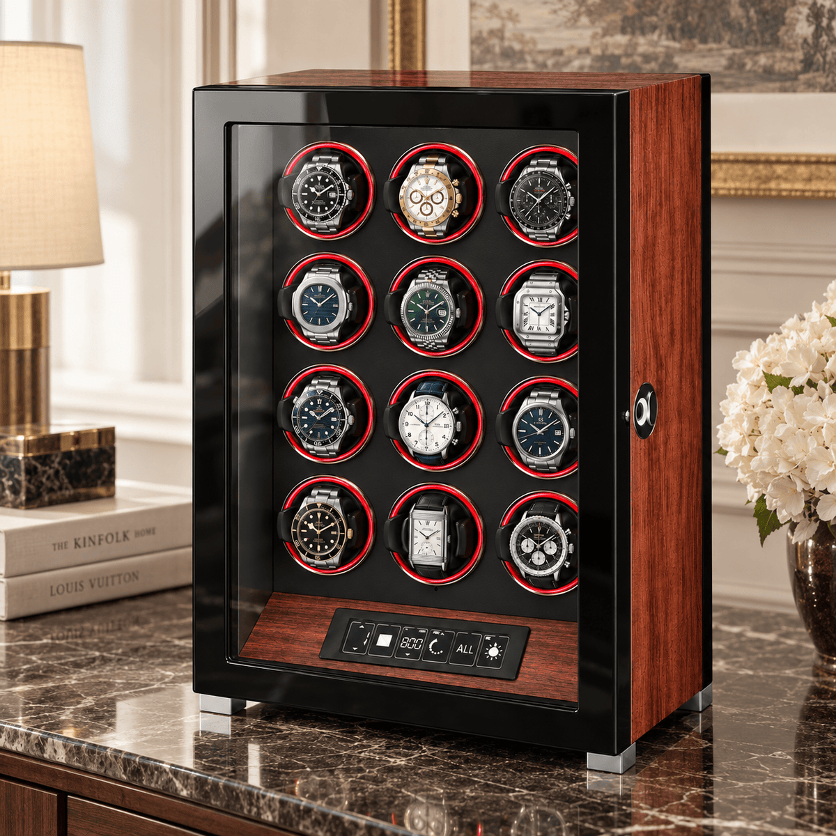 The Time Foundry 12 Slot Watch Winder for Automatic Watches, Rosewood, Red LED Accent