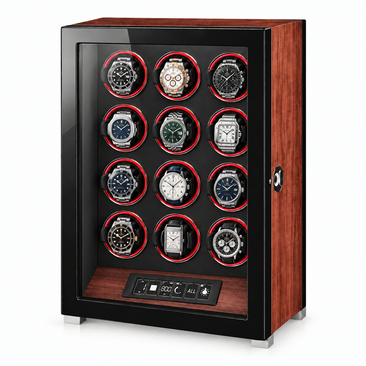 The Time Foundry 12 Slot Watch Winder for Automatic Watches, Rosewood, Red LED Accent