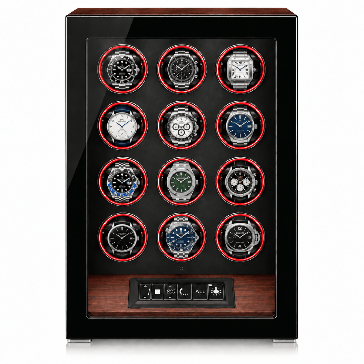 The Time Foundry 12 Slot Watch Winder for Automatic Watches, Rosewood, Red LED Accent