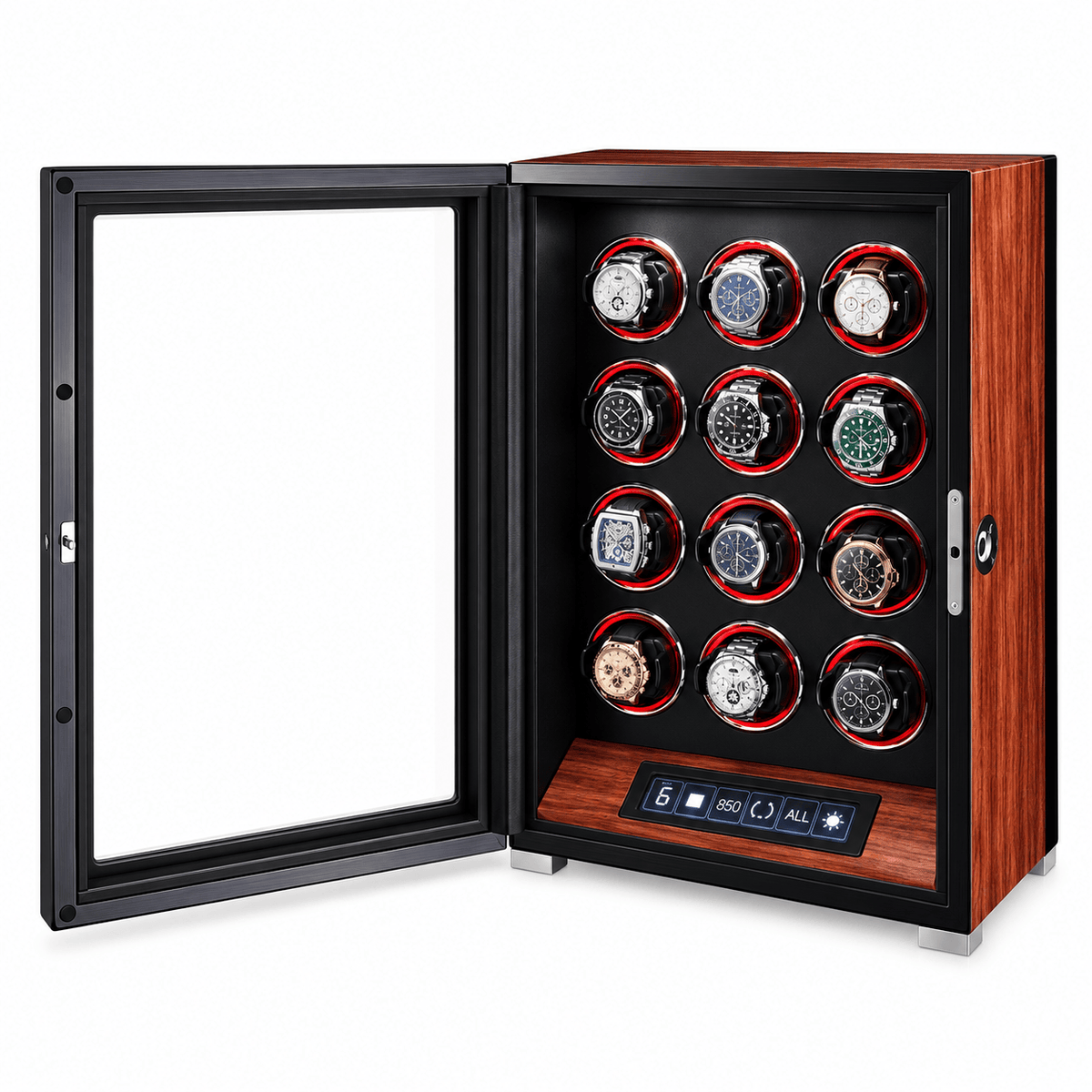 The Time Foundry 12 Slot Watch Winder for Automatic Watches, Rosewood, Red LED Accent Image