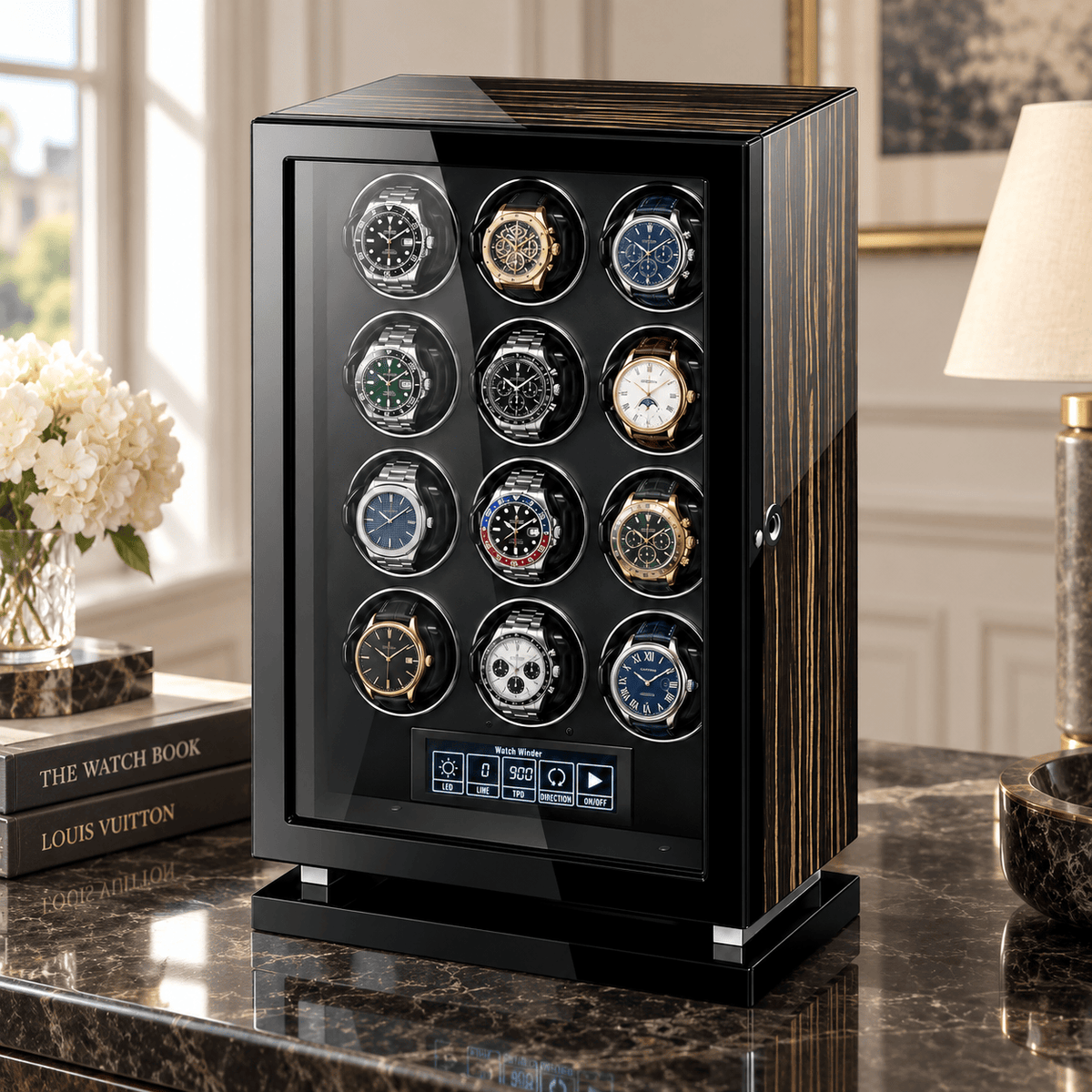 The Time Foundry 12 Slot Watch Winder for Automatic Watches, Wood Grain, Adjustable TPD