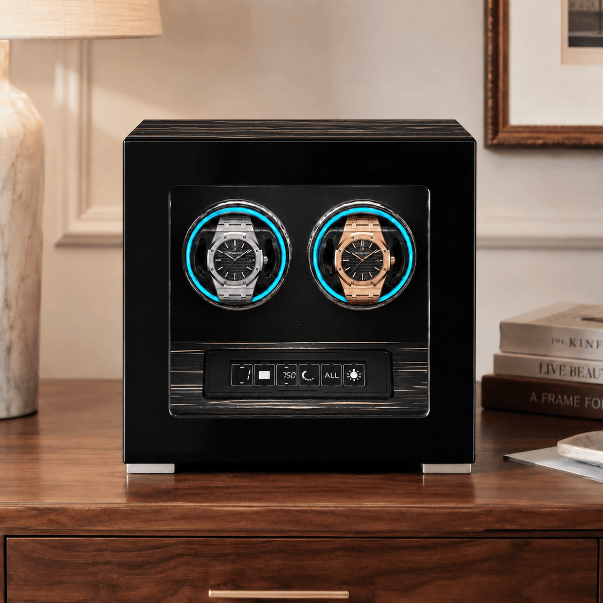 The Time Foundry 2 Slot Watch Winder for Automatic Watches, Black Wood, 12-Point Motor