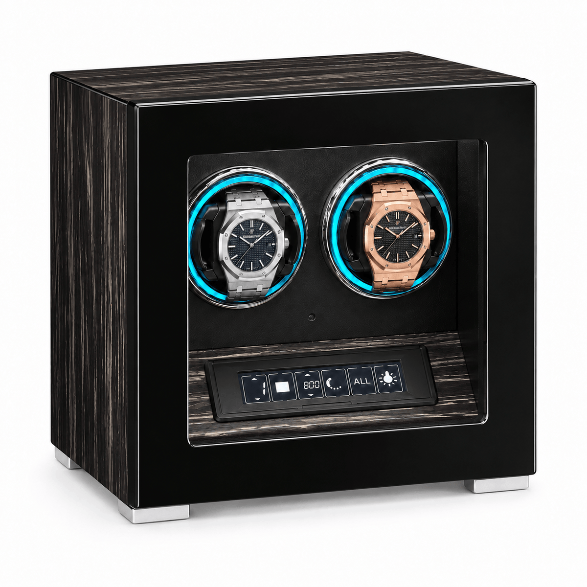 The Time Foundry 2 Slot Watch Winder for Automatic Watches, Black Wood, 12-Point Motor Image
