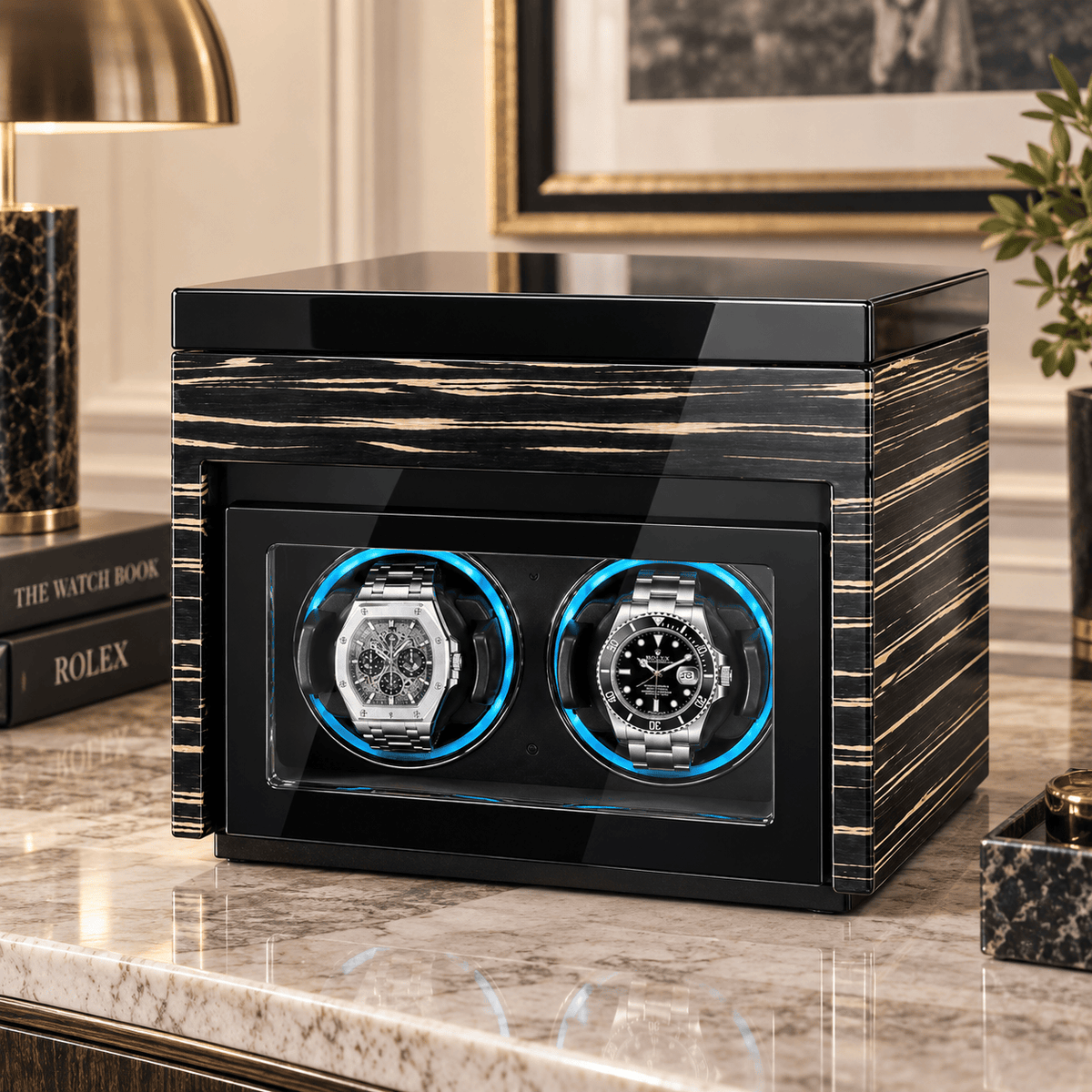 The Time Foundry 2 Slot Watch Winder for Automatic Watches, Ebony, LED Accent Lighting