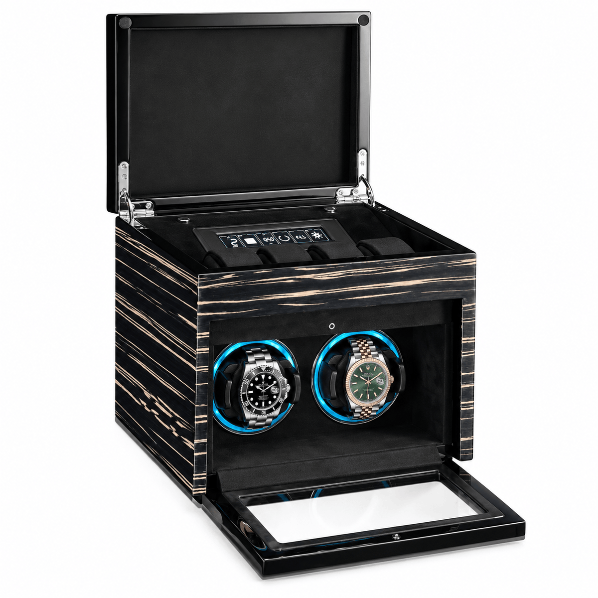 The Time Foundry 2 Slot Watch Winder for Automatic Watches, Ebony, LED Accent Lighting