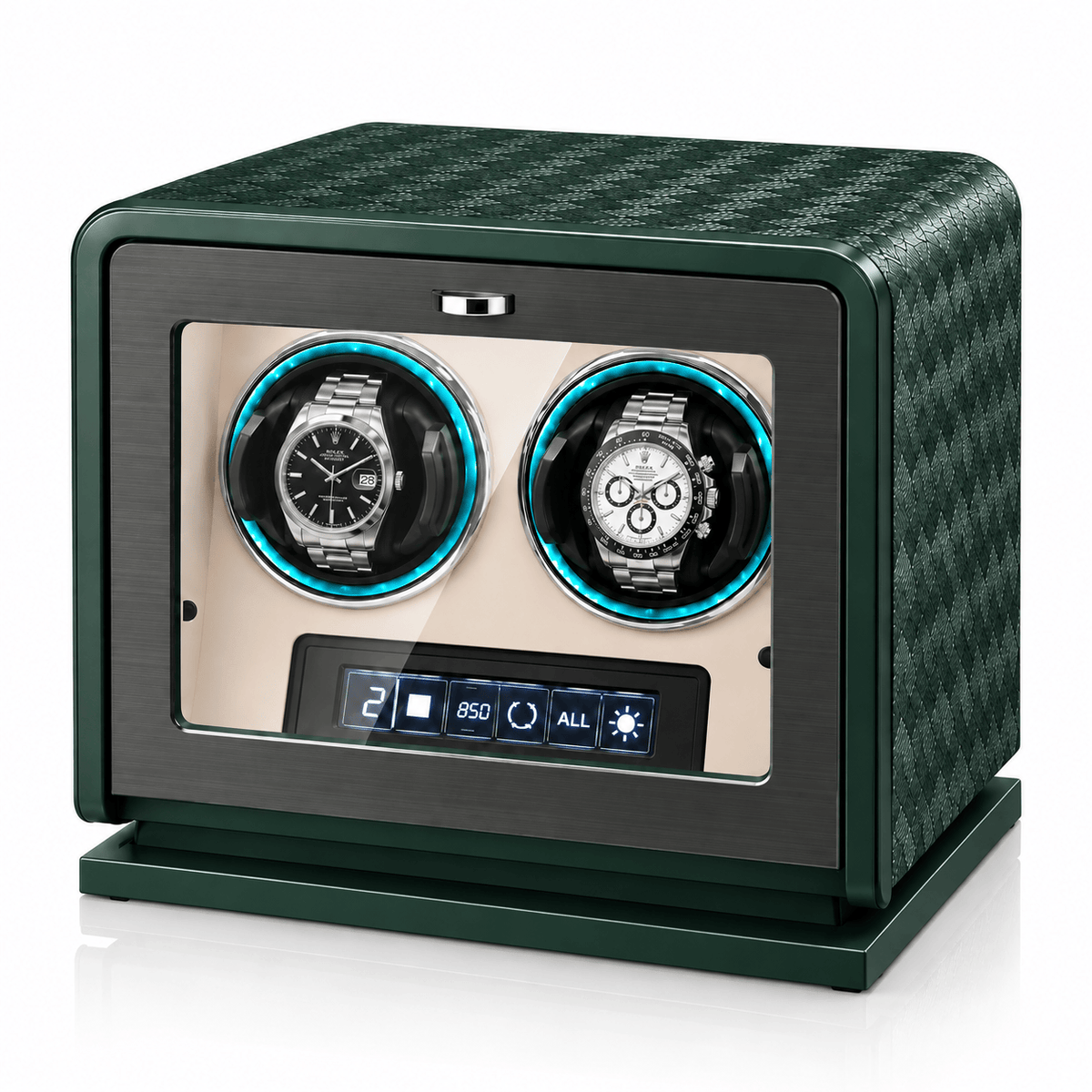 The Time Foundry 2 Slot Watch Winder for Automatic Watches, Green Leather, 12-Point Motor