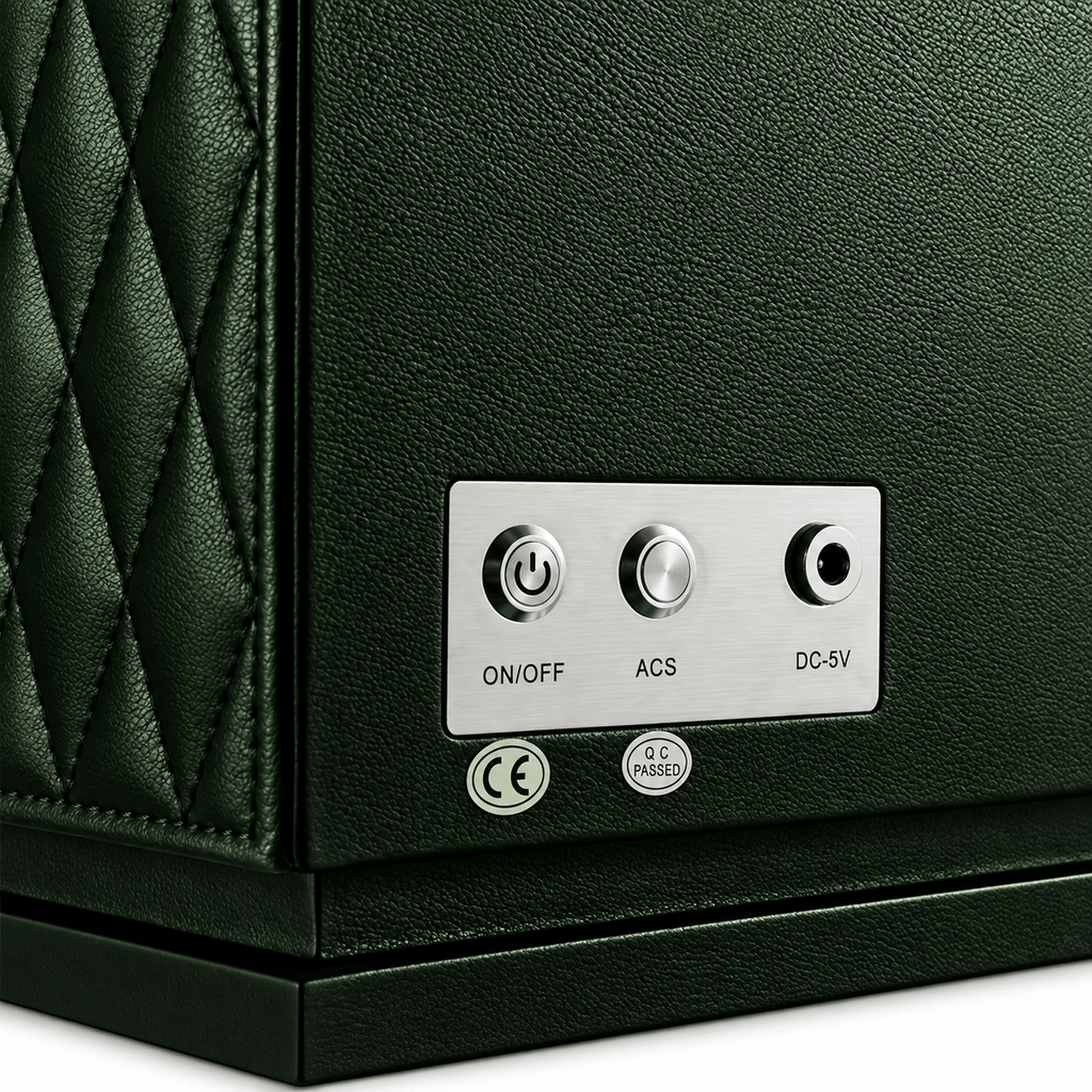 The Time Foundry 2 Slot Watch Winder for Automatic Watches, Green Leather, 12-Point Motor