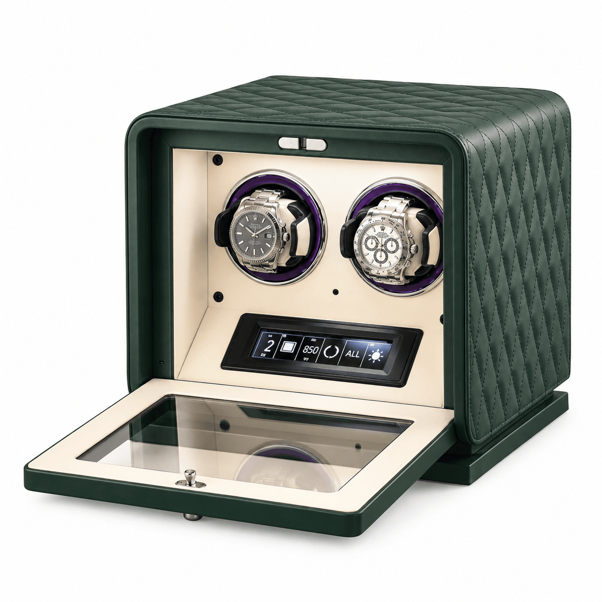 The Time Foundry 2 Slot Watch Winder for Automatic Watches, Green Leather, 12-Point Motor