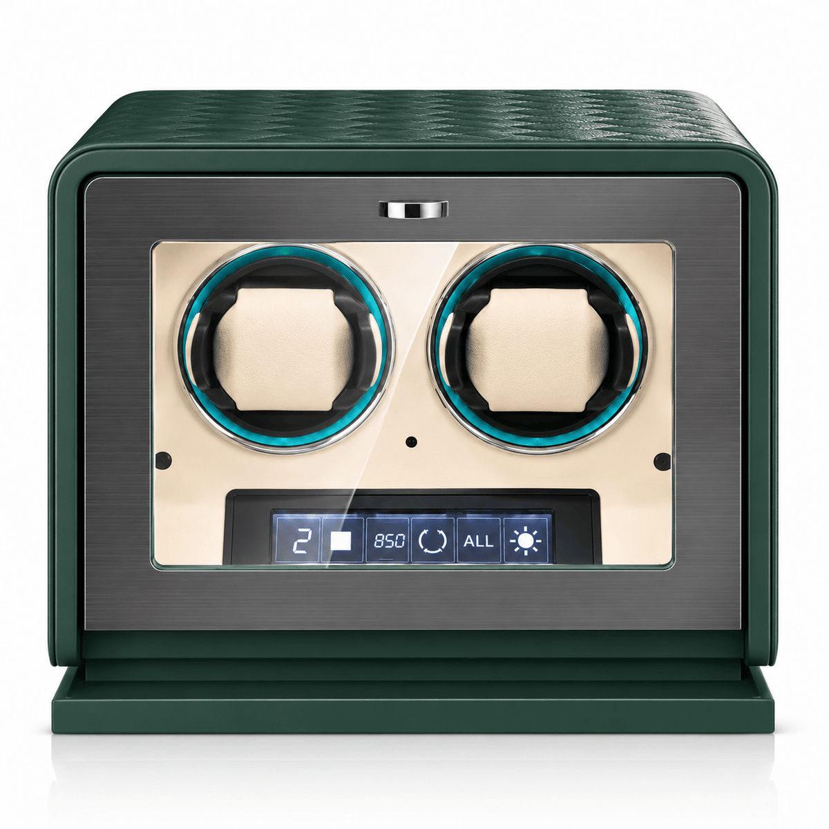 The Time Foundry 2 Slot Watch Winder for Automatic Watches, Green Leather, 12-Point Motor
