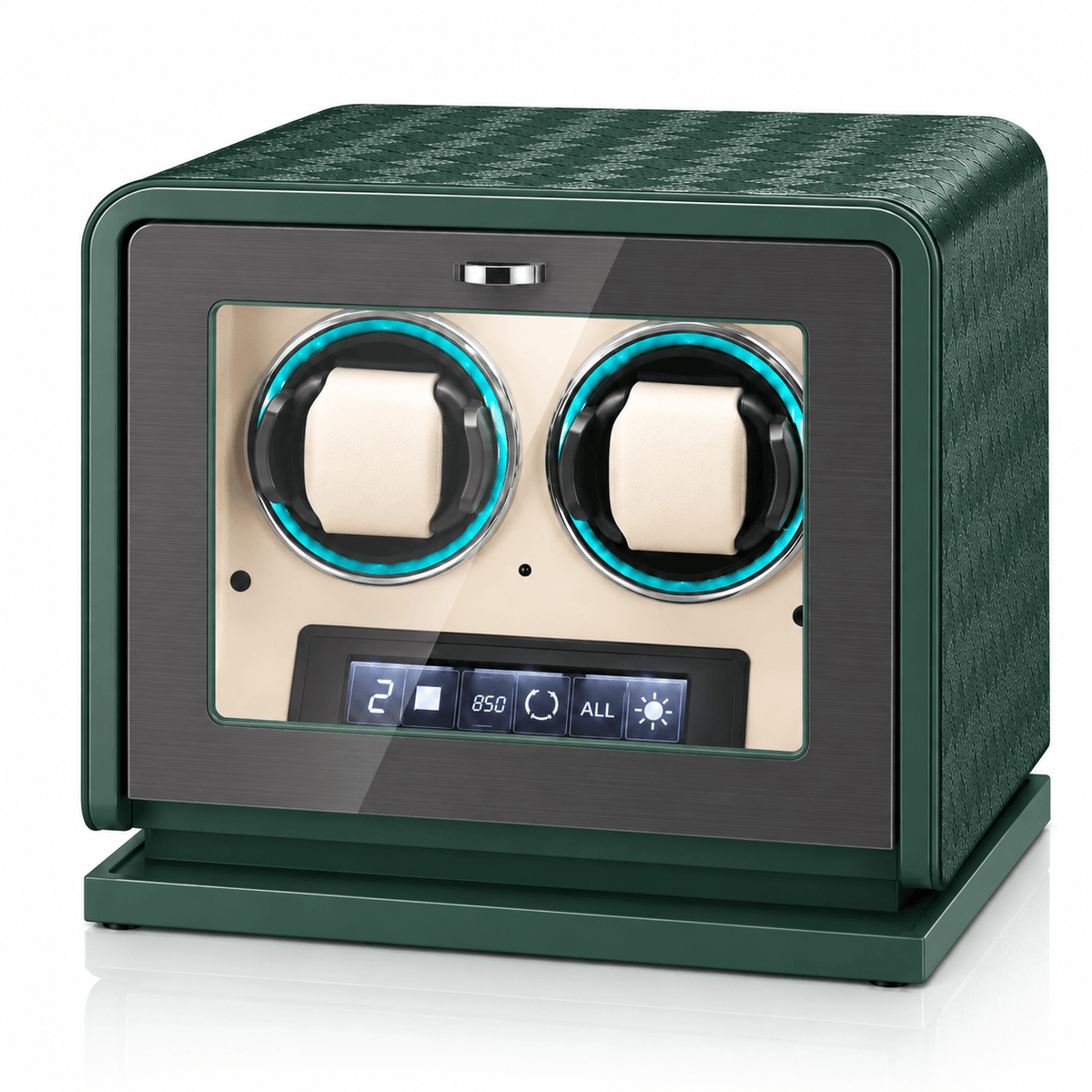 The Time Foundry 2 Slot Watch Winder for Automatic Watches, Green Leather, 12-Point Motor