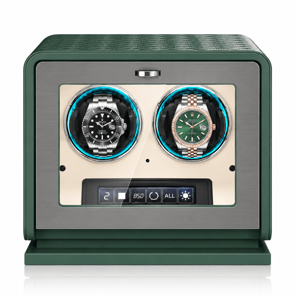 The Time Foundry 2 Slot Watch Winder for Automatic Watches, Green Leather, 12-Point Motor Image
