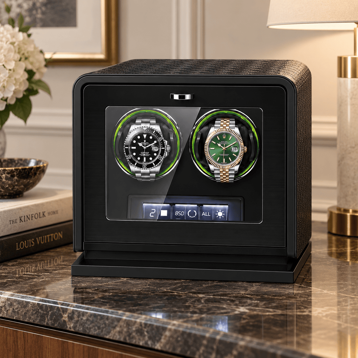 The Time Foundry 2 Slot Watch Winder for Automatic Watches, Leather, Touchscreen, Remote
