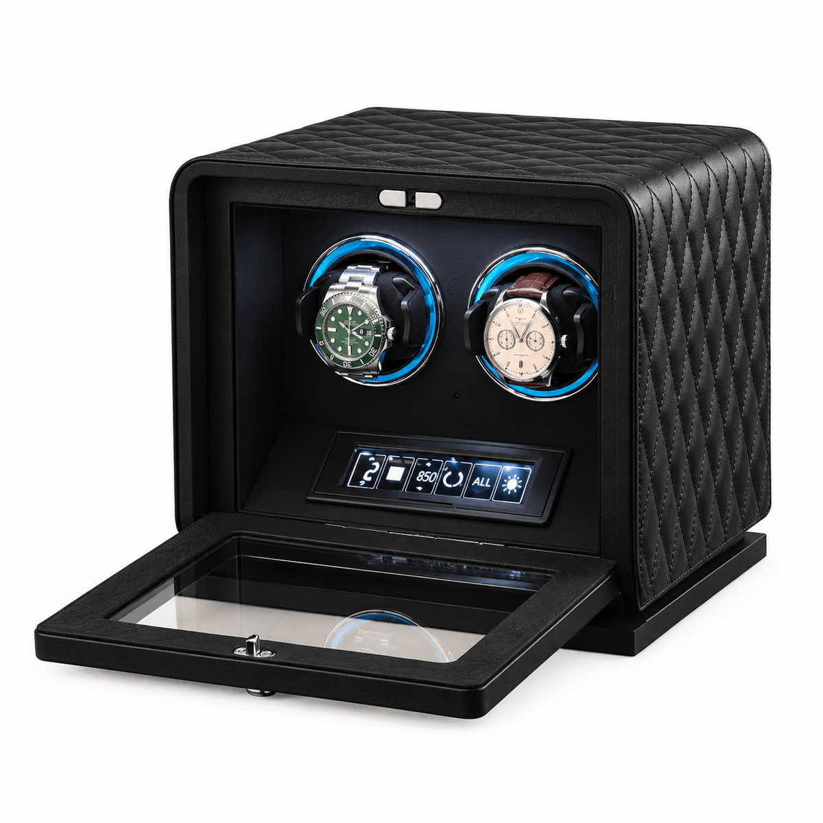 The Time Foundry 2 Slot Watch Winder for Automatic Watches, Leather, Touchscreen, Remote Image