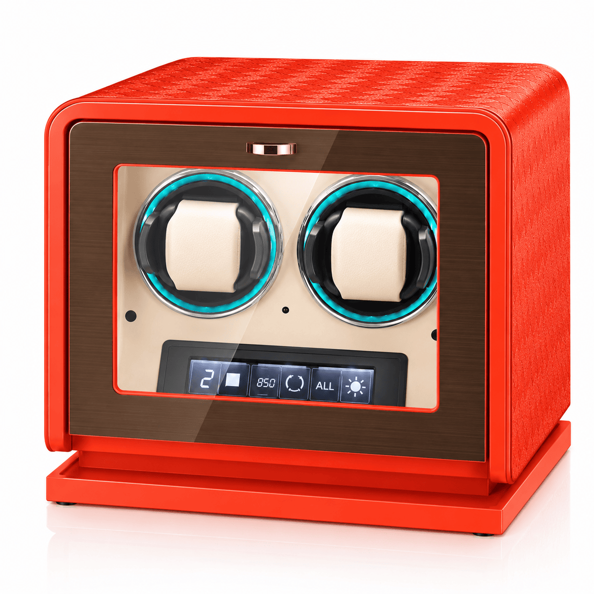 The Time Foundry 2 Slot Watch Winder for Automatic Watches, Orange Leather, 12-Point Motor