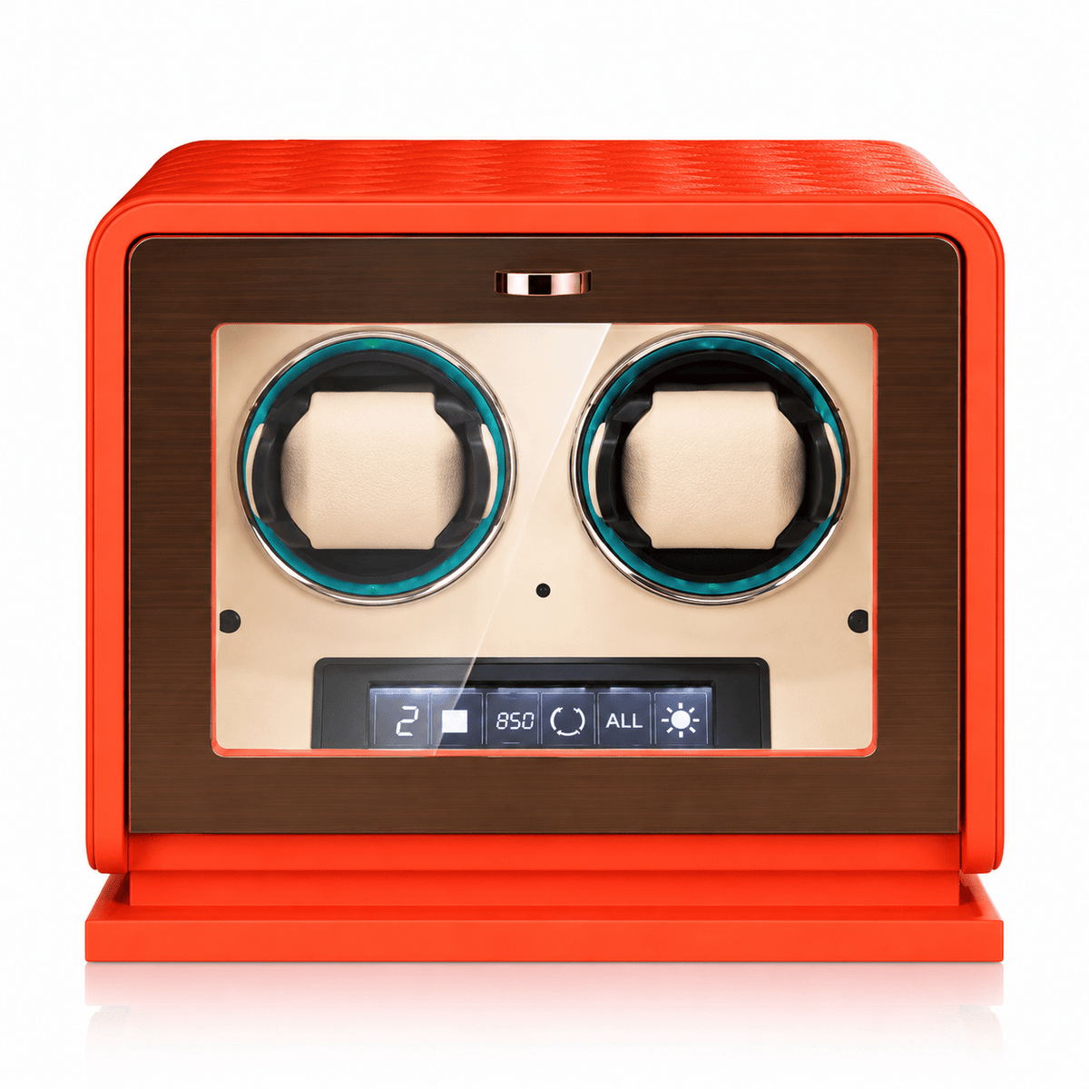 The Time Foundry 2 Slot Watch Winder for Automatic Watches, Orange Leather, 12-Point Motor