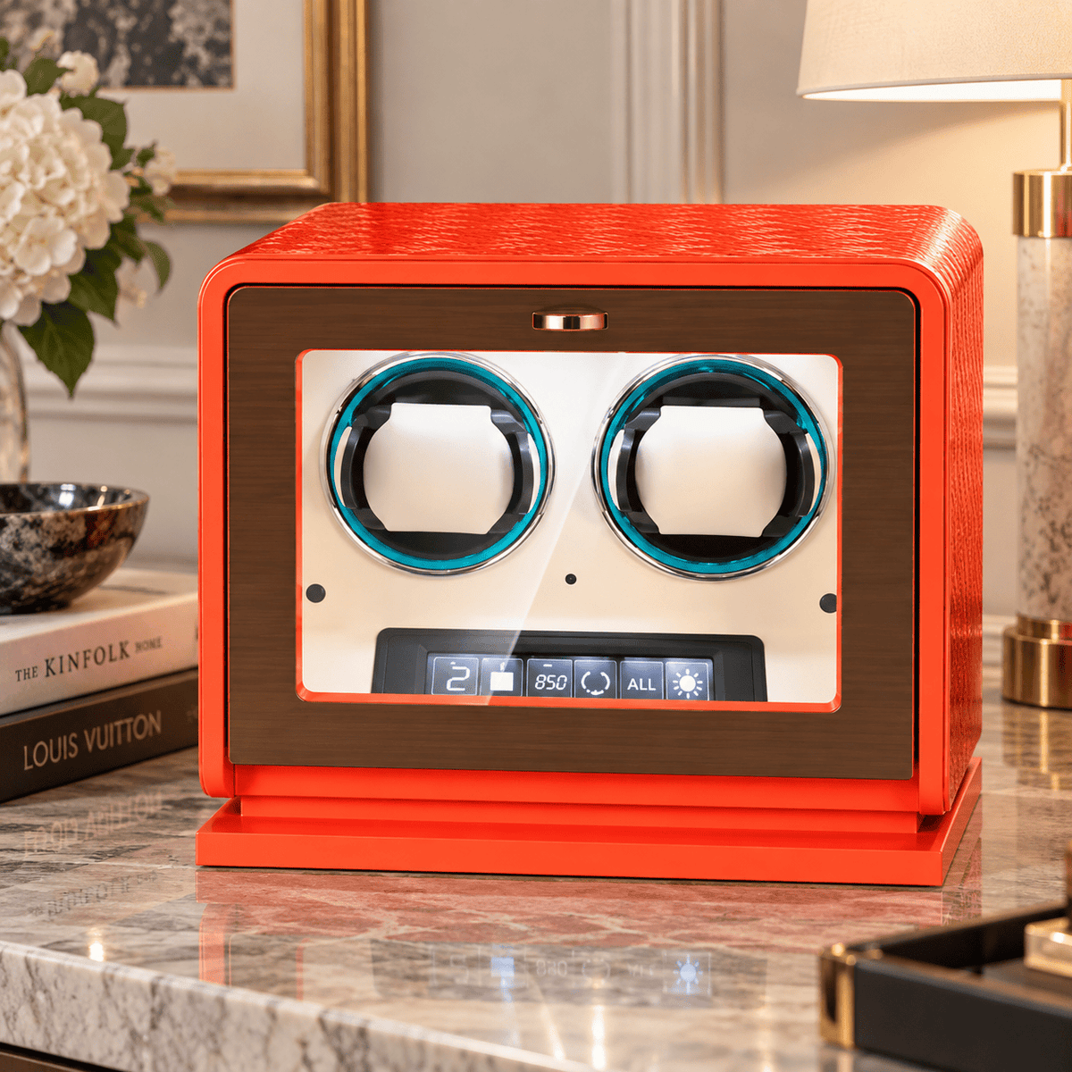 The Time Foundry 2 Slot Watch Winder for Automatic Watches, Orange Leather, 12-Point Motor