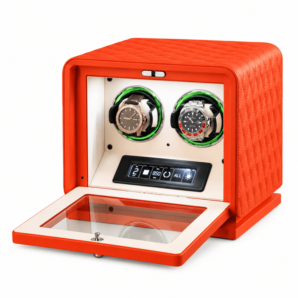 The Time Foundry 2 Slot Watch Winder for Automatic Watches, Orange Leather, 12-Point Motor Image