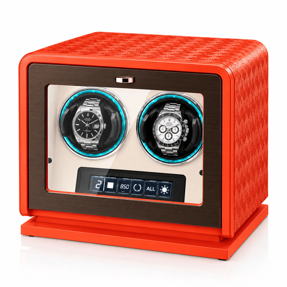 The Time Foundry 2 Slot Watch Winder for Automatic Watches, Orange Leather, 12-Point Motor