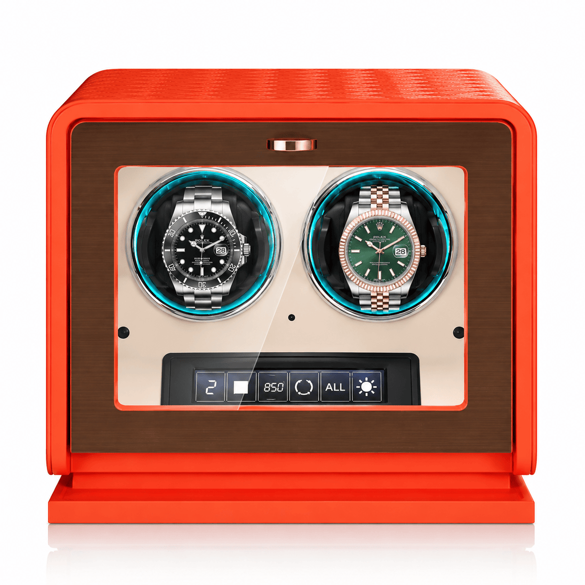 The Time Foundry 2 Slot Watch Winder for Automatic Watches, Orange Leather, 12-Point Motor Image