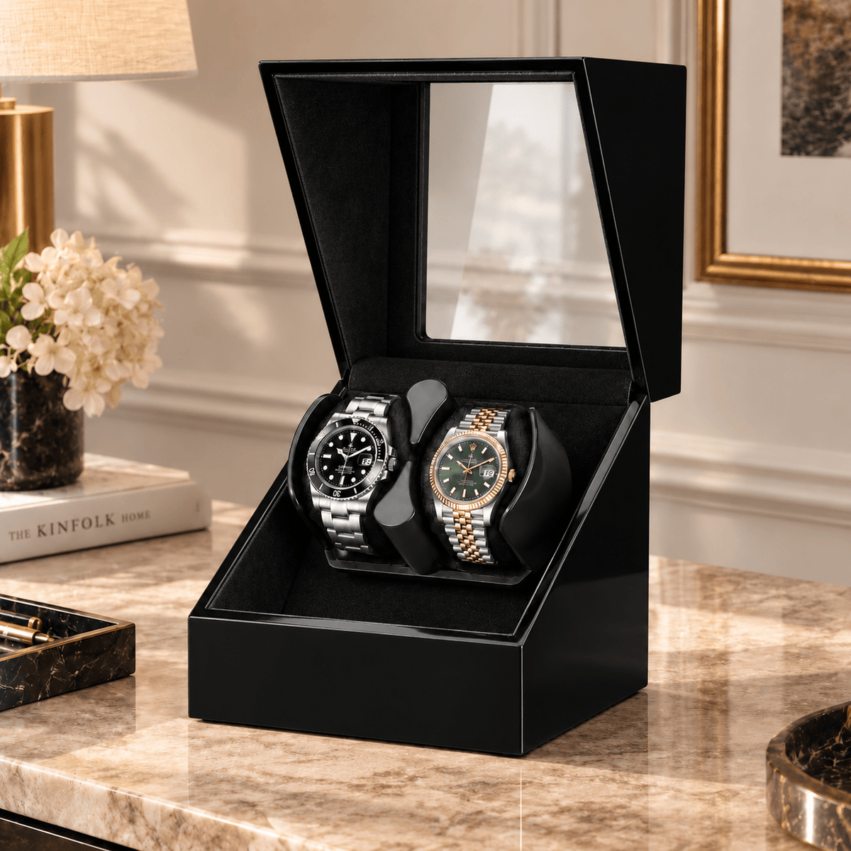 The Time Foundry 2 Slot Watch Winder for Automatic Watches, Piano Black, Bidirectional