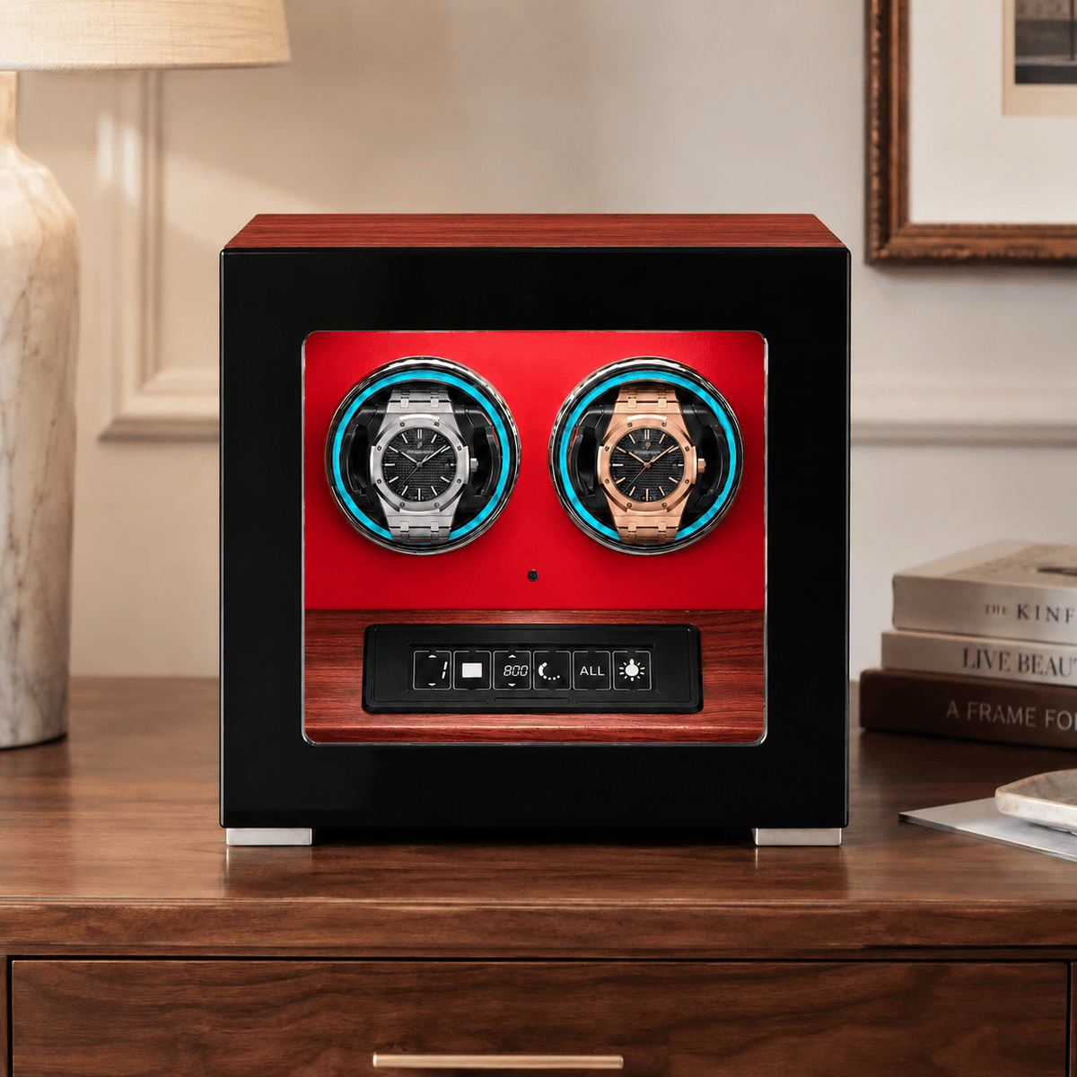The Time Foundry 2 Slot Watch Winder for Automatic Watches, Rosewood with Red Interior